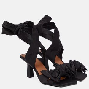 Ganni Black Satin Bow Tie-Ankle Heeled Sandals size 40